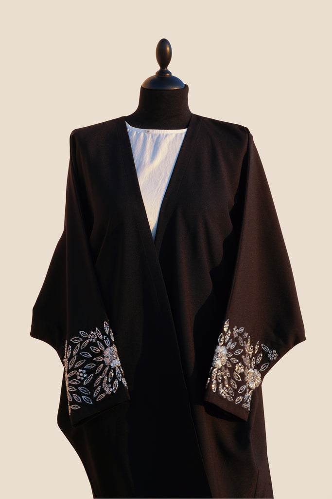 Abaya with Silver Leaf & Floral Embroidery - SP 372