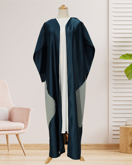 TURQOISE SATIN ABAYA WITH SIDE L GREEN PATCH AND EMB