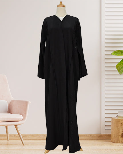 BLACK NIDA ABAYA WITH SIDE BLACK FLORAL PATCH