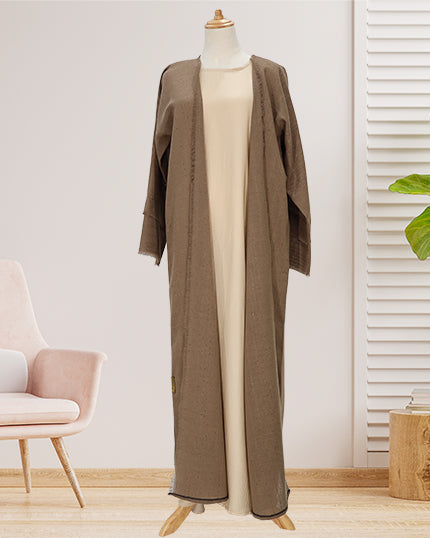 BROWN TIKKI FABRIC ABAYA WITH FRAY ON CF & SLEEVES