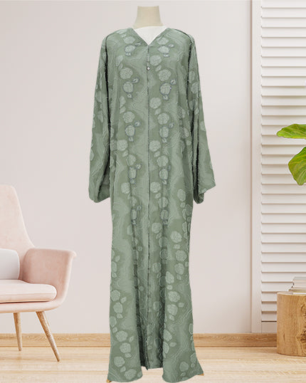 L GREEN SELF EMBROIDERED ABAYA