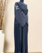 Load image into Gallery viewer, BLACK ORGANZA ABAYA WITH WHITE BIRD EMBROIDERY ON SLEEVES