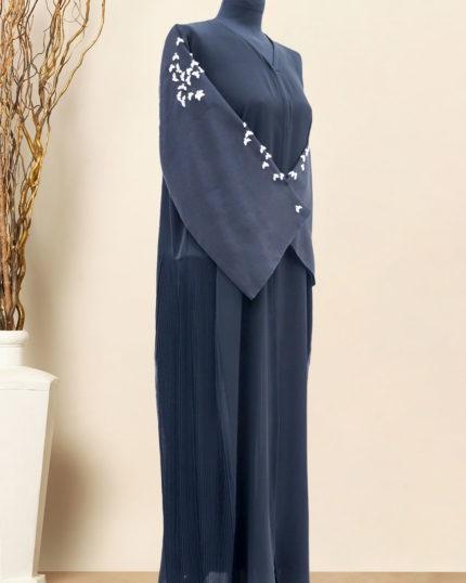 BLACK ORGANZA ABAYA WITH WHITE BIRD EMBROIDERY ON SLEEVES
