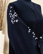 Load image into Gallery viewer, BLACK ORGANZA ABAYA WITH WHITE BIRD EMBROIDERY ON SLEEVES