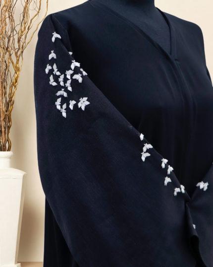 BLACK ORGANZA ABAYA WITH WHITE BIRD EMBROIDERY ON SLEEVES