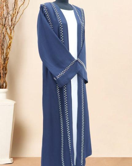 BLUE CREPE ABAYA WITH ZIGZAG WHITE&BLACK EMB