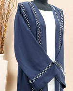 Load image into Gallery viewer, BLUE CREPE ABAYA WITH ZIGZAG WHITE&amp;BLACK EMB